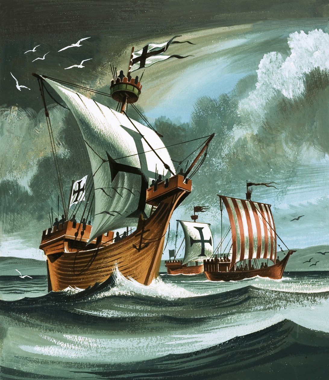 Navires de commerce avec des chevaliers teutoniques à bord se rapprochant d