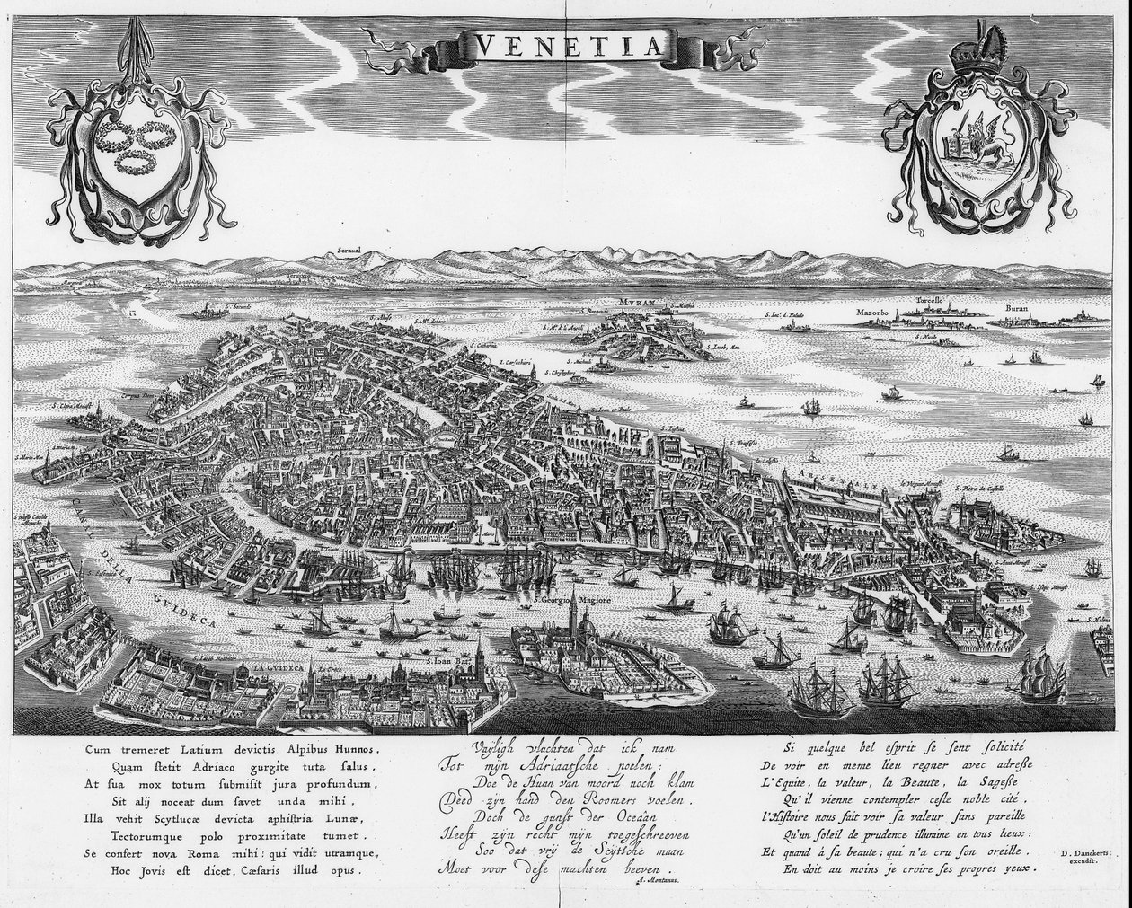 Plan de Venise avec trois textes en latin, néerlandais et français - Dancker Danckerts