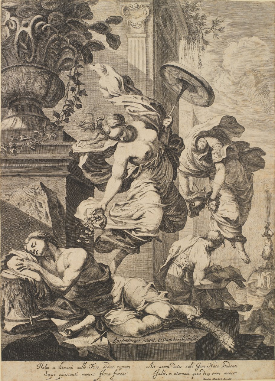 Allégorie avec Fortuna et un artiste endormi en costume antique - Dancker Danckerts