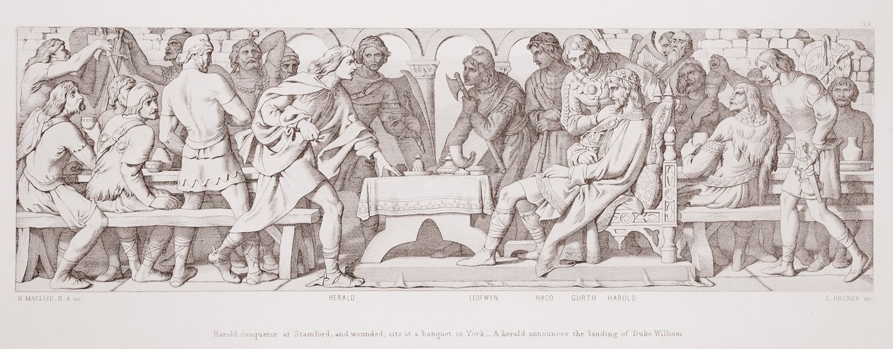 Harold, vainqueur à Stamford, et blessé, assis à un banquet à York, et un héraut annonce le débarquement du Duc Guillaume, de 