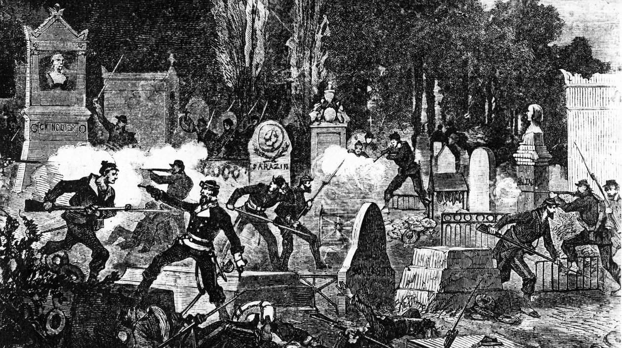 La dernière bataille de la Commune de Paris au cimetière du Père Lachaise, gravée par Louis Joseph Amedee Daudenarde, de 