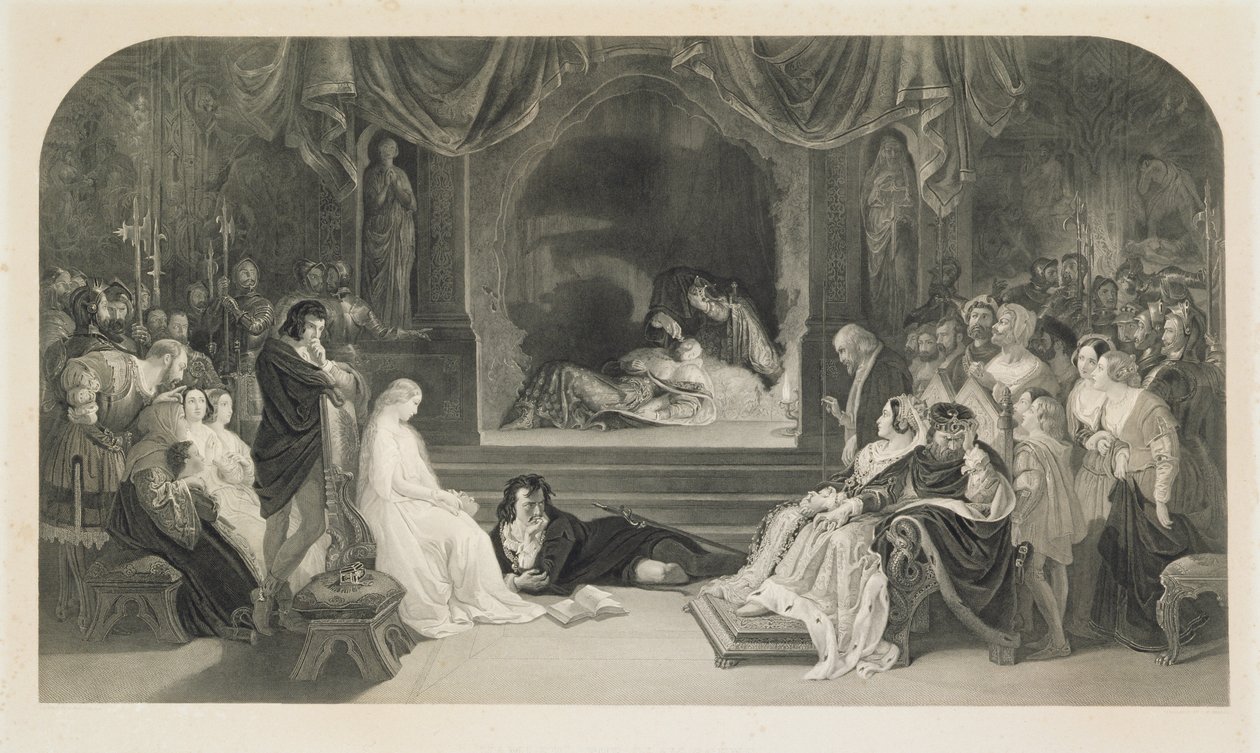 La Scène de la Pièce, Acte III, Scène II de Hamlet de William Shakespeare, gravée par Charles W. Sharpe - Daniel (after) Maclise
