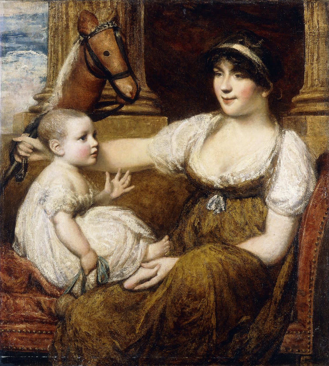 Une mère tenant un cheval à bascule, jouant avec son enfant - Daniel Gardner