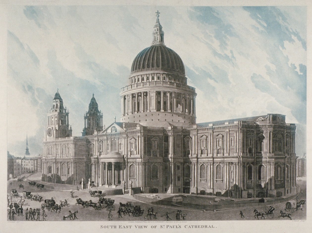Vue sud-est de la Cathédrale Saint-Paul avec des figures et des carrosses à l