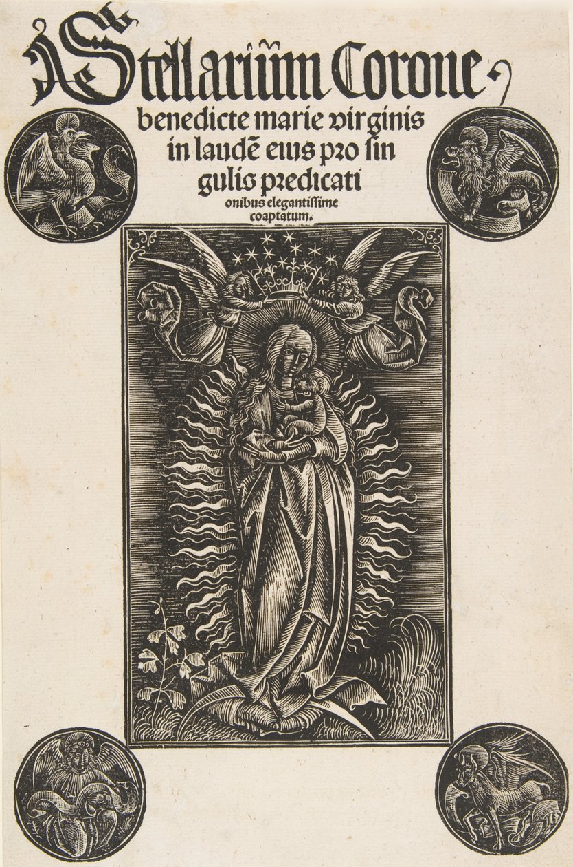 Vierge sur un croissant, page de titre de Pelbartus de Temesvar : Stellarium corone Schr. 2869..., 1502 - Daniel Hopfer.