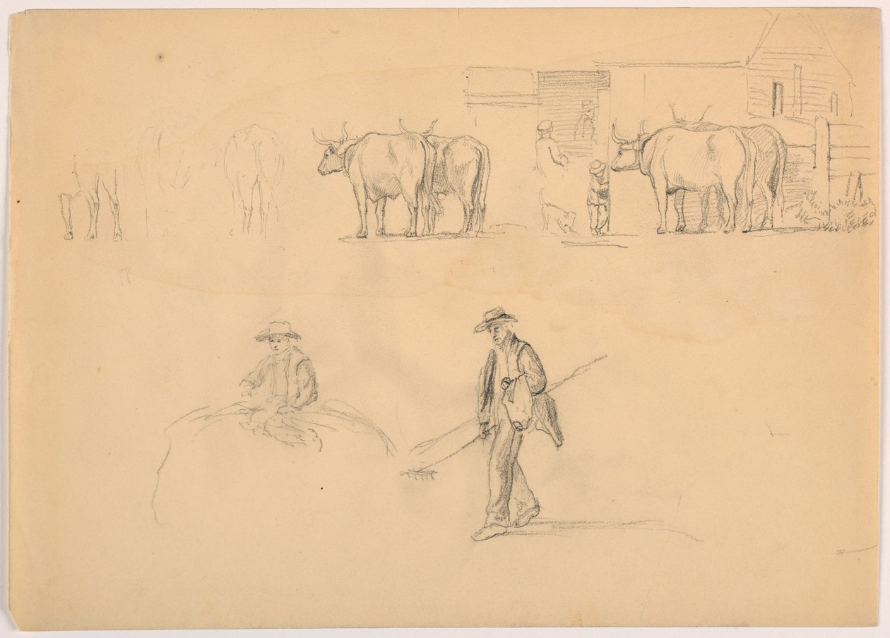 Dessin, basse-cour ; figures et bœufs, 1878 - Daniel Huntington