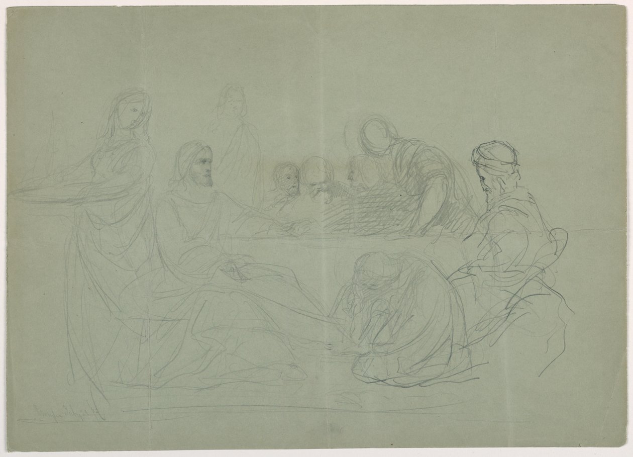 Dessin, Marie lavant les pieds du Christ, plusieurs hommes assis à une table ; verso : notes, 1852 - Daniel Huntington