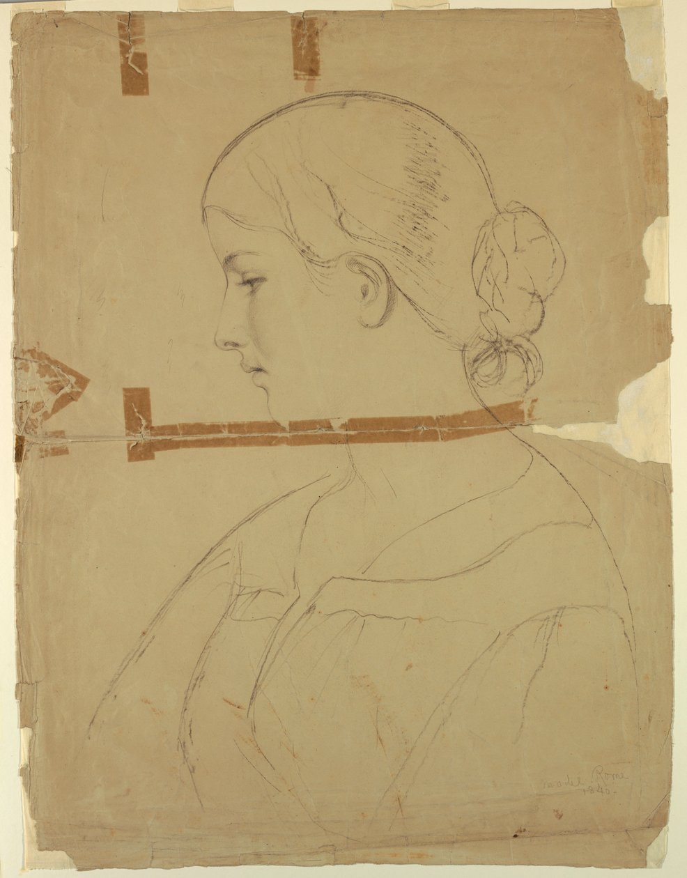 Dessin, femme de profil, modèle à Rome, 1840 - Daniel Huntington