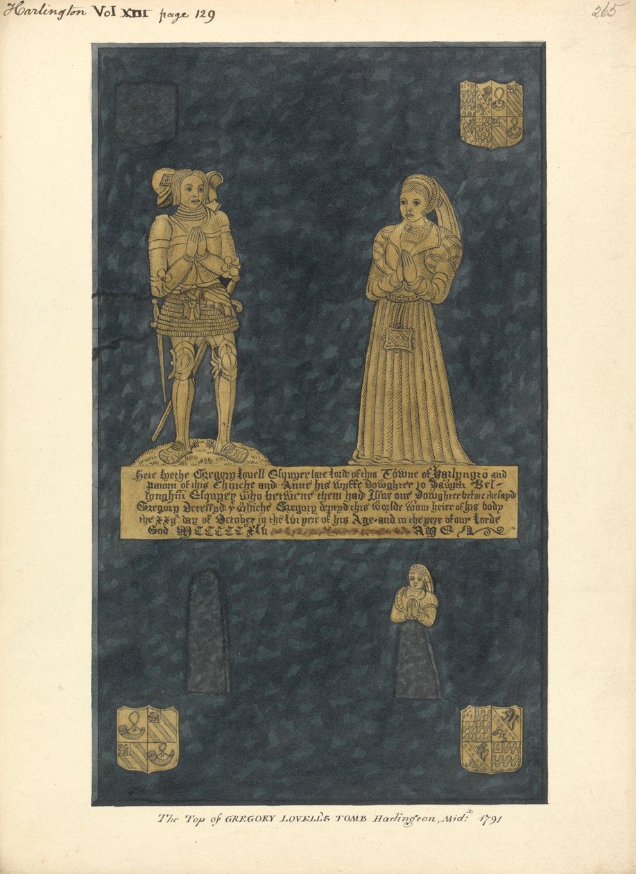 Plaque de laiton pour Gregory Lovell et sa femme Anne, fille de David Bellingham, église de Harlington - Daniel Lysons