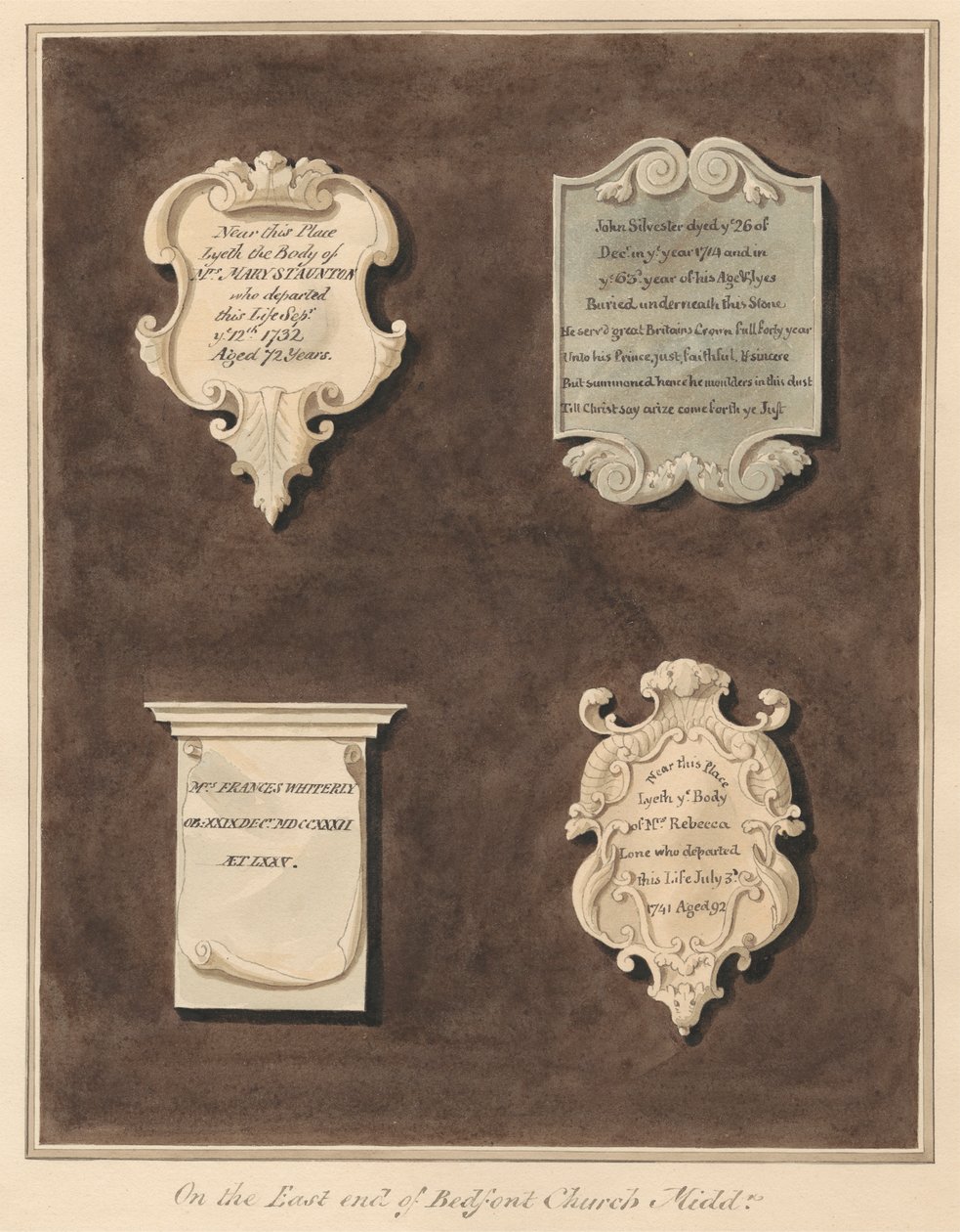 Mémoriaux à Mme Mary Staunton, John Silvester, Mme Frances Whiterly et Mme Rebecca Lone de l