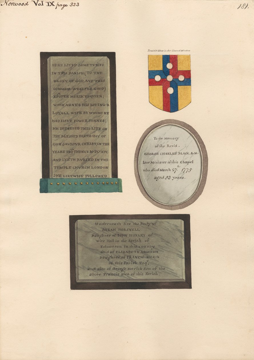 Mémoriaux pour Xpofer et Agnes Merick, George Charles Black, et Sarah Horsnell, Elizabeth Ascough, et George Merick - Daniel Lysons