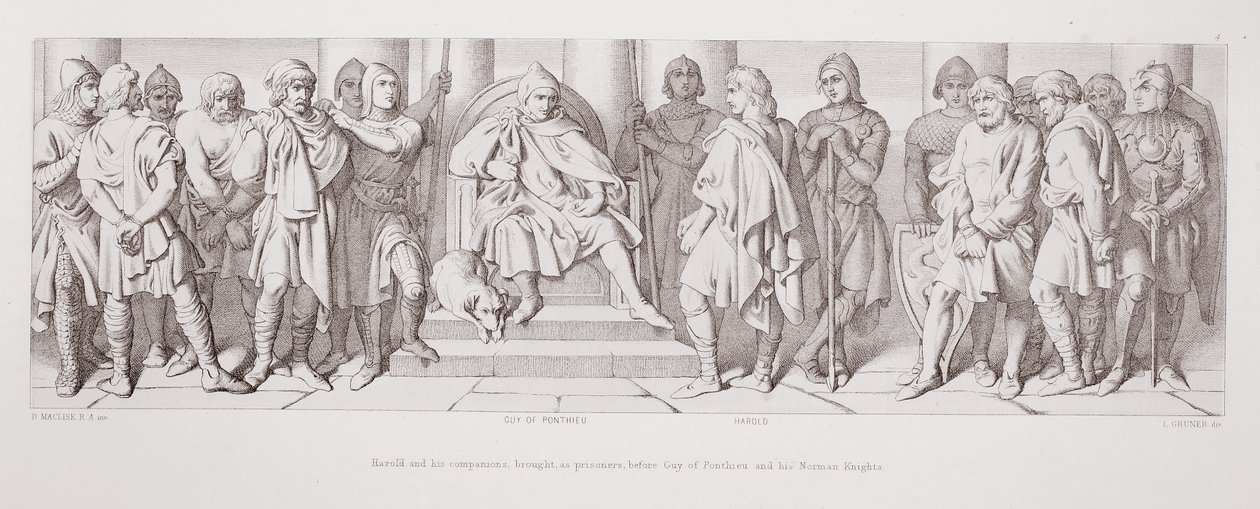 Harold et ses compagnons amenés, en tant que prisonniers, devant Guy de Ponthieu et ses chevaliers normands, de 