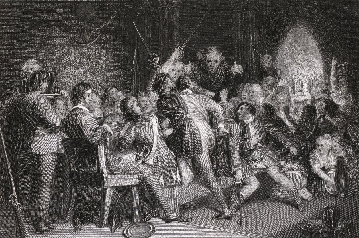 La Salle de Glennaquoich - un festin des Highlands, gravé par P. Lightfoot, de 