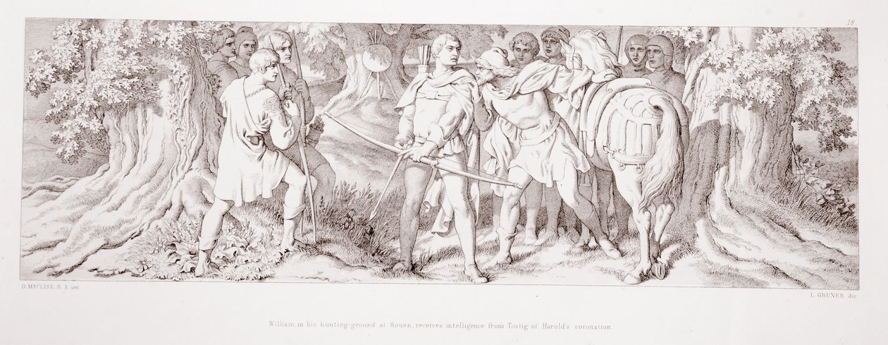 Guillaume, dans son terrain de chasse à Rouen, reçoit des informations de Tostig sur le couronnement de Harold, de 