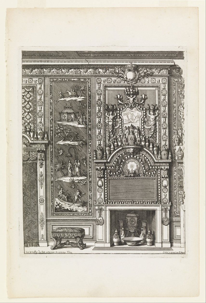 Design pour un mur de cheminée avec panneaux laqués et porcelaine - Daniel Marot