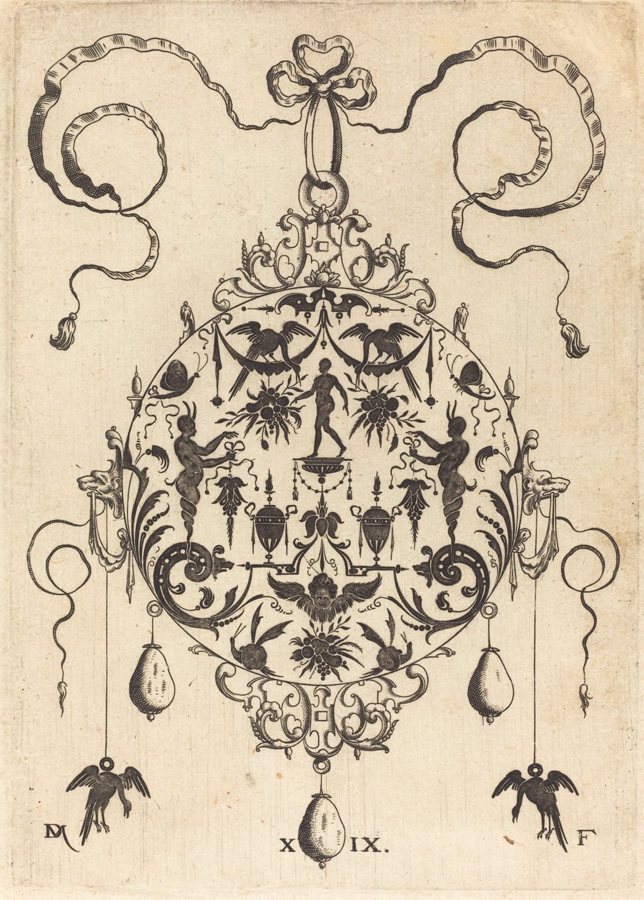Grand pendentif, en forme circulaire, homme nu flanqué de deux hermès - Daniel Mignot