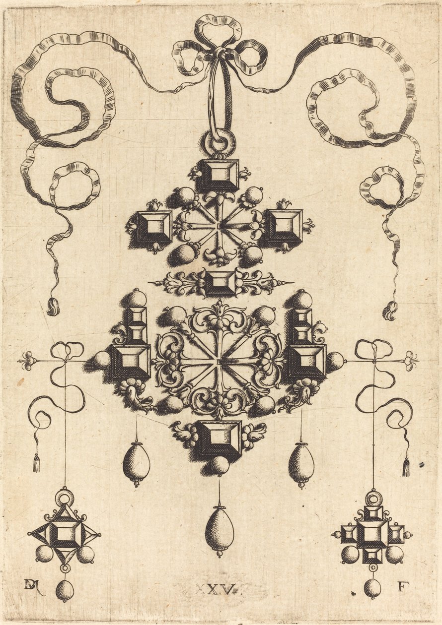 Pendentif avec deux doubles croix, entouré de quatre pierres en forme de losange, cinq pierres de table et treize perles - Daniel Mignot