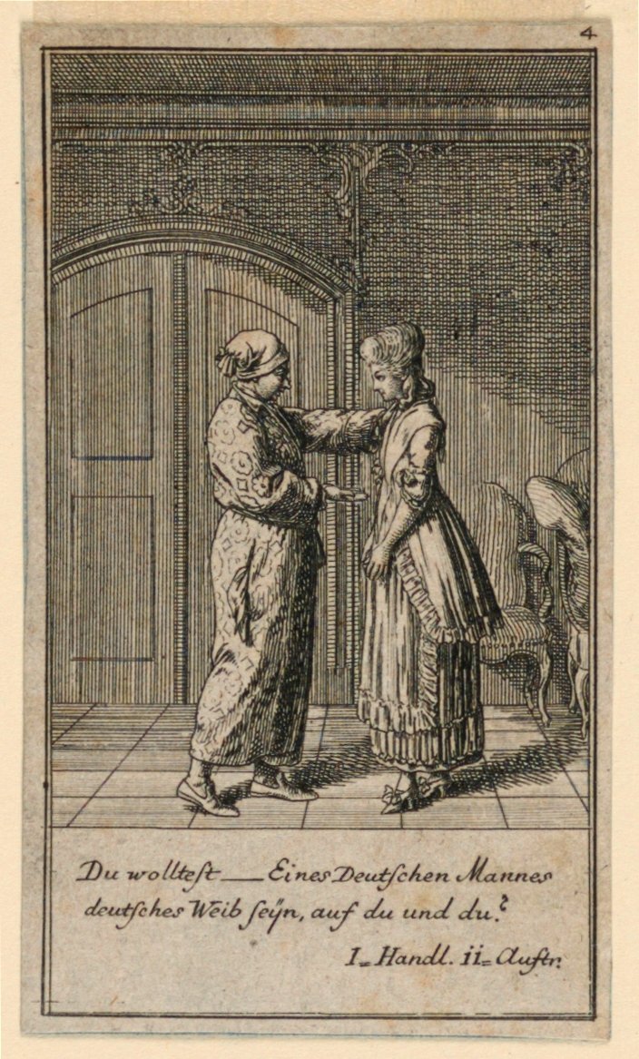 Un père ou tuteur parlant à une fille, illustration de la pièce "Nicht mehr als sachs Schuesseln" de Fredrich Wilhelm Grossman dans "Königl: Grosbrit [anische] Genealogischer Kalender auf das 1782 Jahr Lauenberg bey J.G. Berenberg" - Daniel Nikolaus Chodowiecki