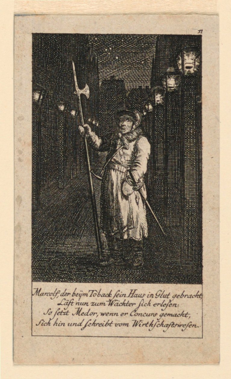 Un veilleur de nuit, illustration pour "Königl: Grosbrit [anische] Genealogischer Kalender auf das 1780 Jahr Lauenberg bey J.G. Berenberg" - Daniel Nikolaus Chodowiecki