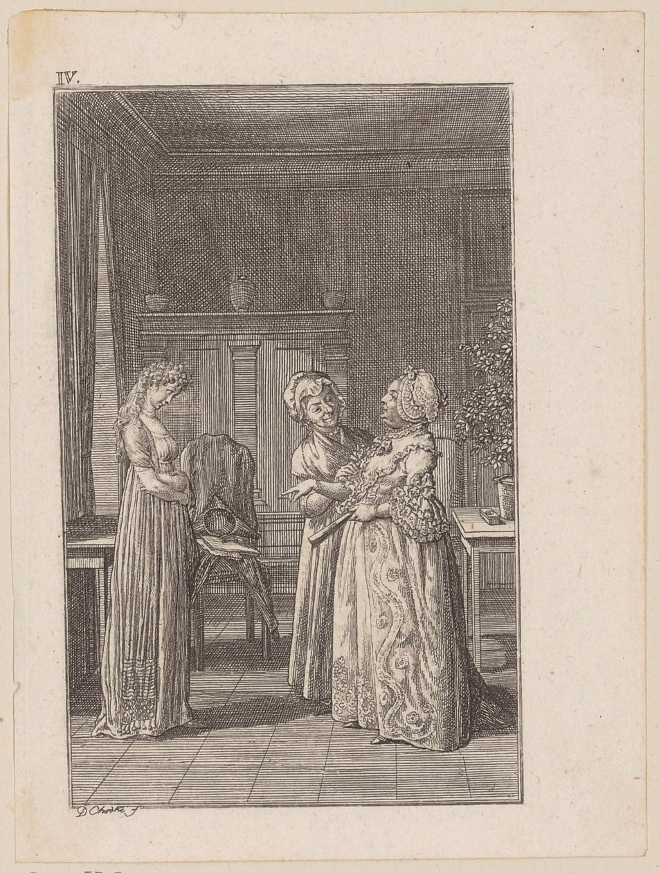 Adolphine, entièrement vêtue, sourit de la robe démodée de sa mère, planche 4 pour le récit «Le cadeau» - Daniel Nikolaus Chodowiecki