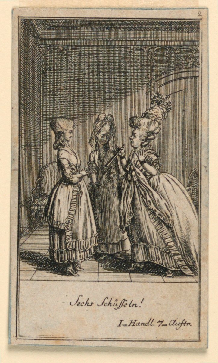 Une femme âgée grondant une fille, illustration de la pièce "Nicht mehr als sachs Schuesseln" de Fredrich Wilhelm Grossman dans "Königl: Grosbrit [anische] Genealogischer Kalender auf das 1782 Jahr Lauenberg bey J.G. Berenberg" - Daniel Nikolaus Chodowiecki