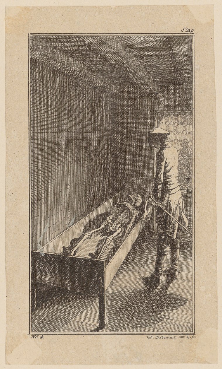 Bunkel observe le squelette de John Orton, feuille 4 tirée de « Vie, remarques et opinions de Johann Bunkel » - Daniel Nikolaus Chodowiecki