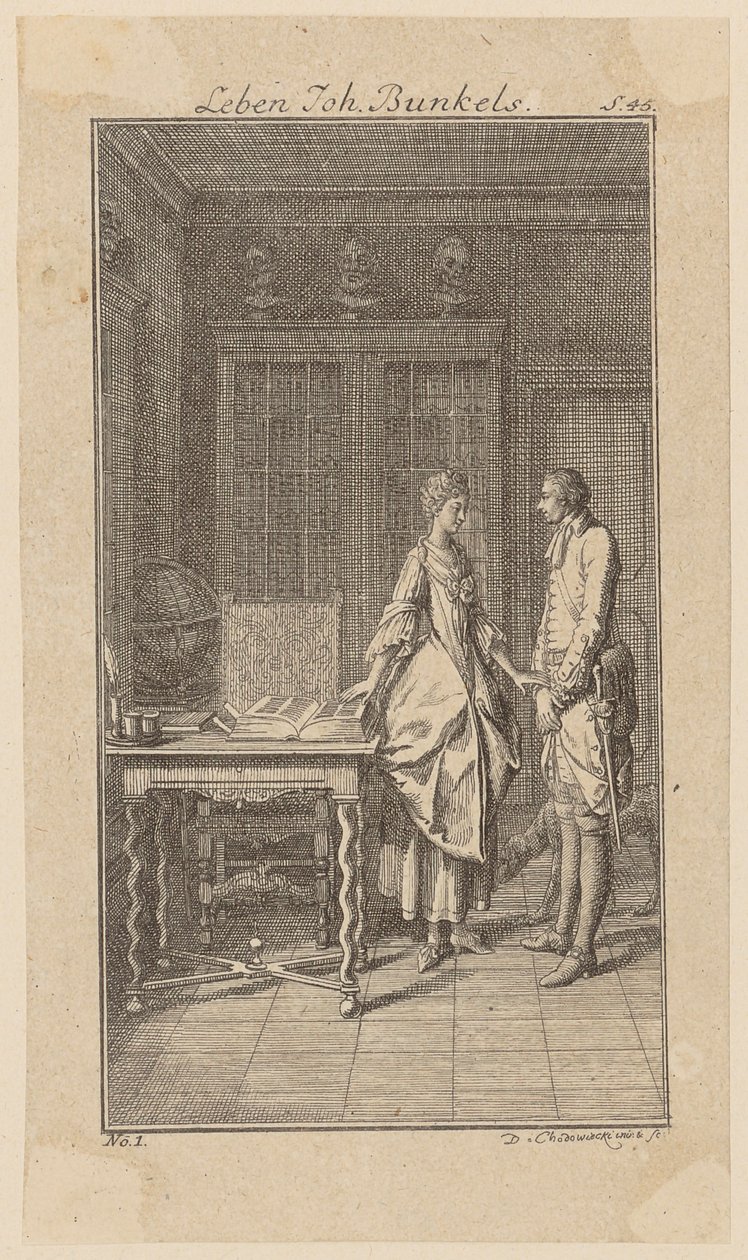 Bunkel dans la bibliothèque de Mlle Henriette Noel, page 1 de « Vie, remarques et opinions de Johann Bunkel » - Daniel Nikolaus Chodowiecki