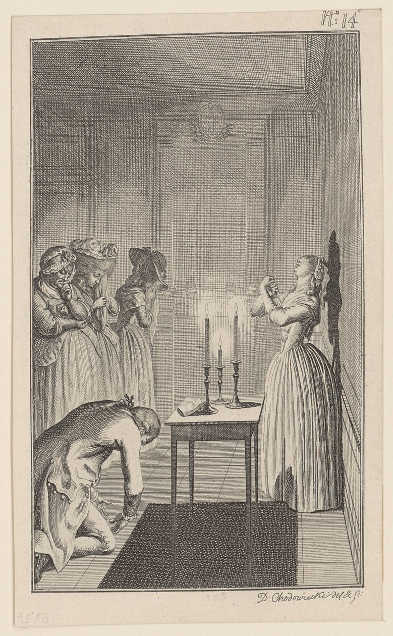 Clarisse menace de se poignarder avec un couteau pour se protéger du déshonneur que lui ferait subir Lovelace - Daniel Nikolaus Chodowiecki