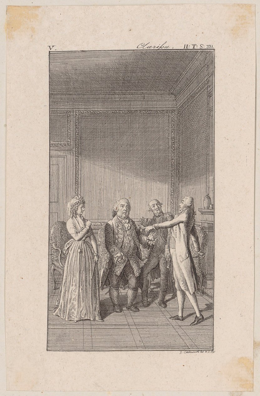 Clarisse, son oncle Anton, son frère Jacob et Solmes en pleine conversation - Daniel Nikolaus Chodowiecki