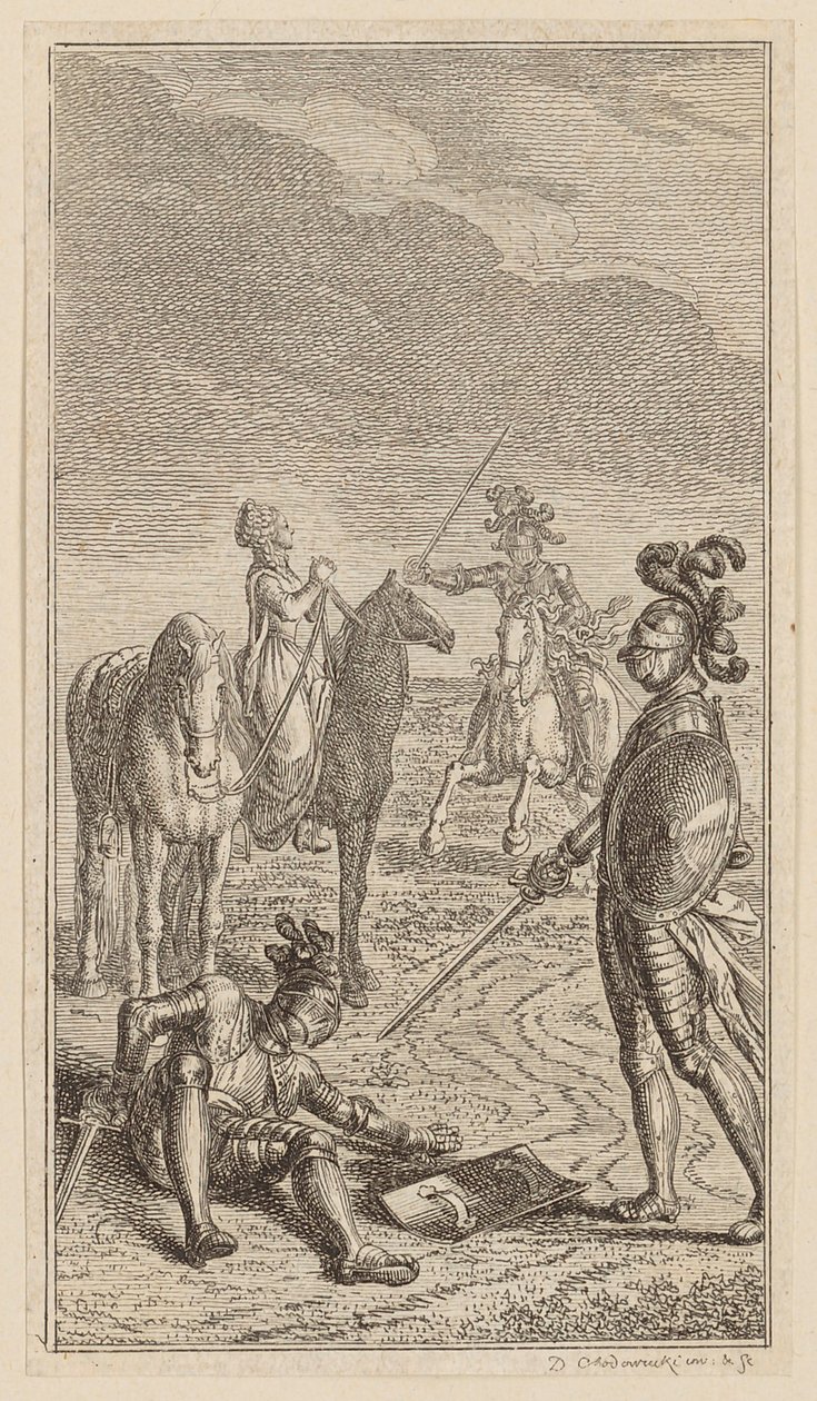 Enlèvement, ou le chevalier Karl von Eichenhorst et Mademoiselle Gertrude von Hochburg, feuille de la première édition des « Poèmes de Gottfried August Bürger » - Daniel Nikolaus Chodowiecki