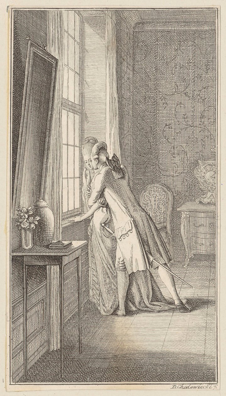 Ferdiner embrasse Elise à la fenêtre - Daniel Nikolaus Chodowiecki