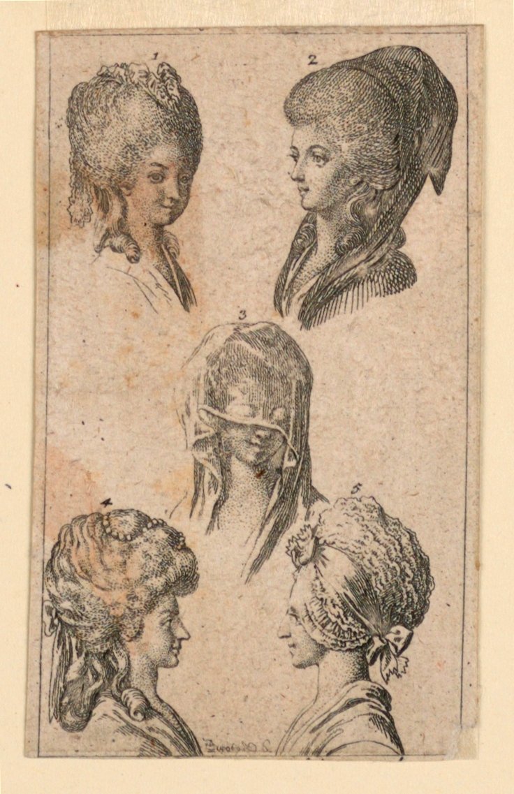 Cinq coiffures portées par les femmes de Berlin, Illustration pour "Königl: Grosbrit [anische] Genealogischer Kalender auf das 1782 Jahr Lauenberg bey J.G. Berenberg" - Daniel Nikolaus Chodowiecki