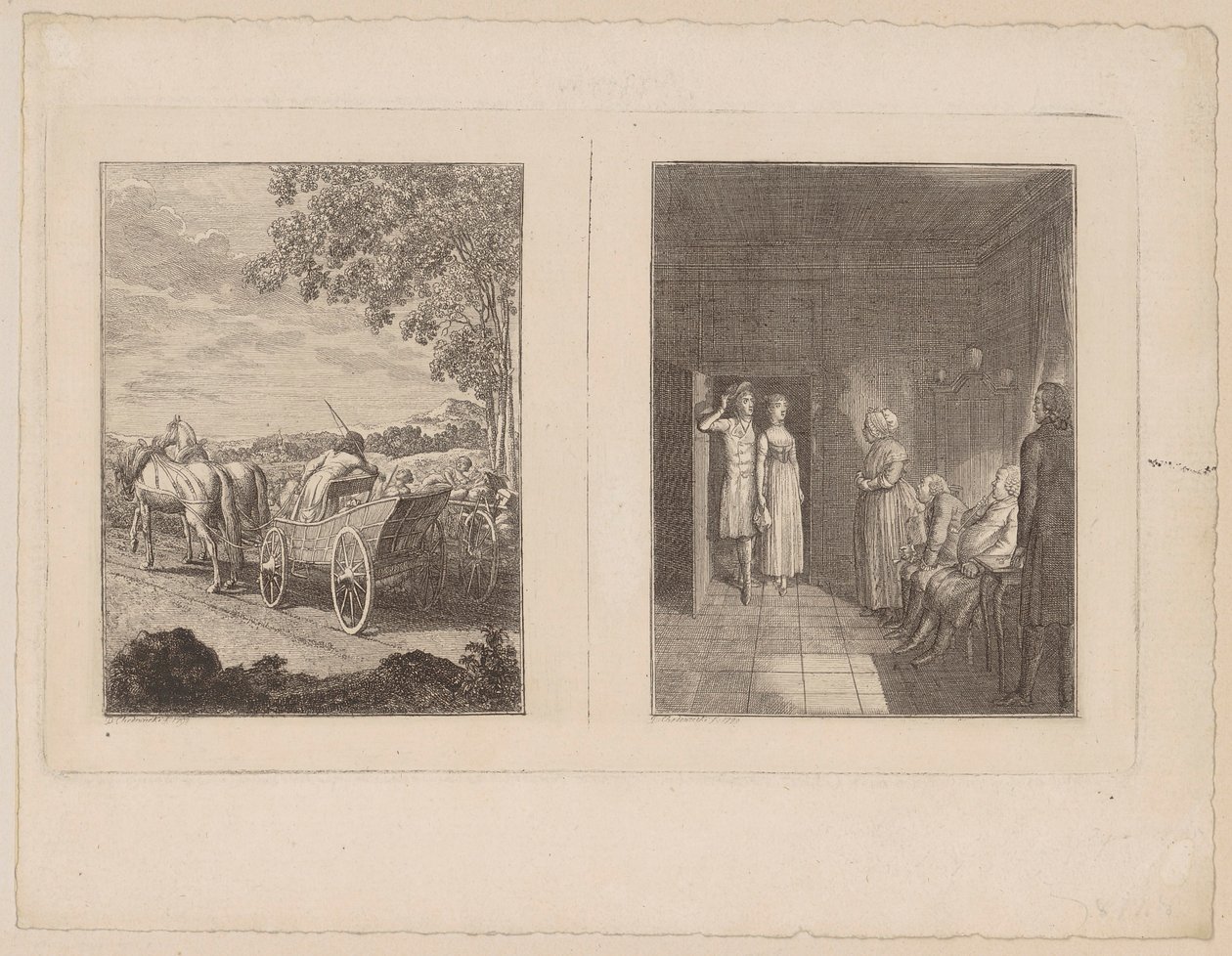 Hermann a rattrapé les réfugiés [à gauche] ; Herrmann conduit Dorothea dans la maison de ses parents [à droite] - Daniel Nikolaus Chodowiecki