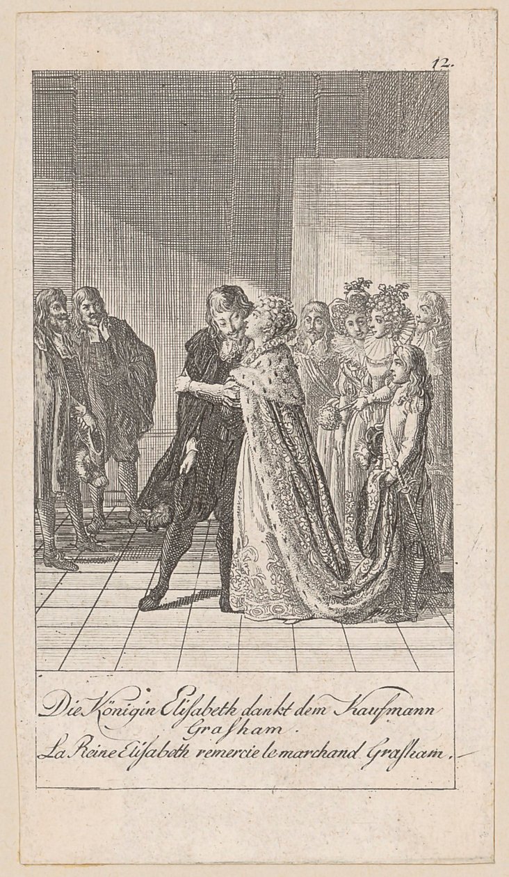 La reine Élisabeth remercie le marchand Grasham, planche 12 de la série « Histoire ancienne, médiévale et moderne » - Daniel Nikolaus Chodowiecki