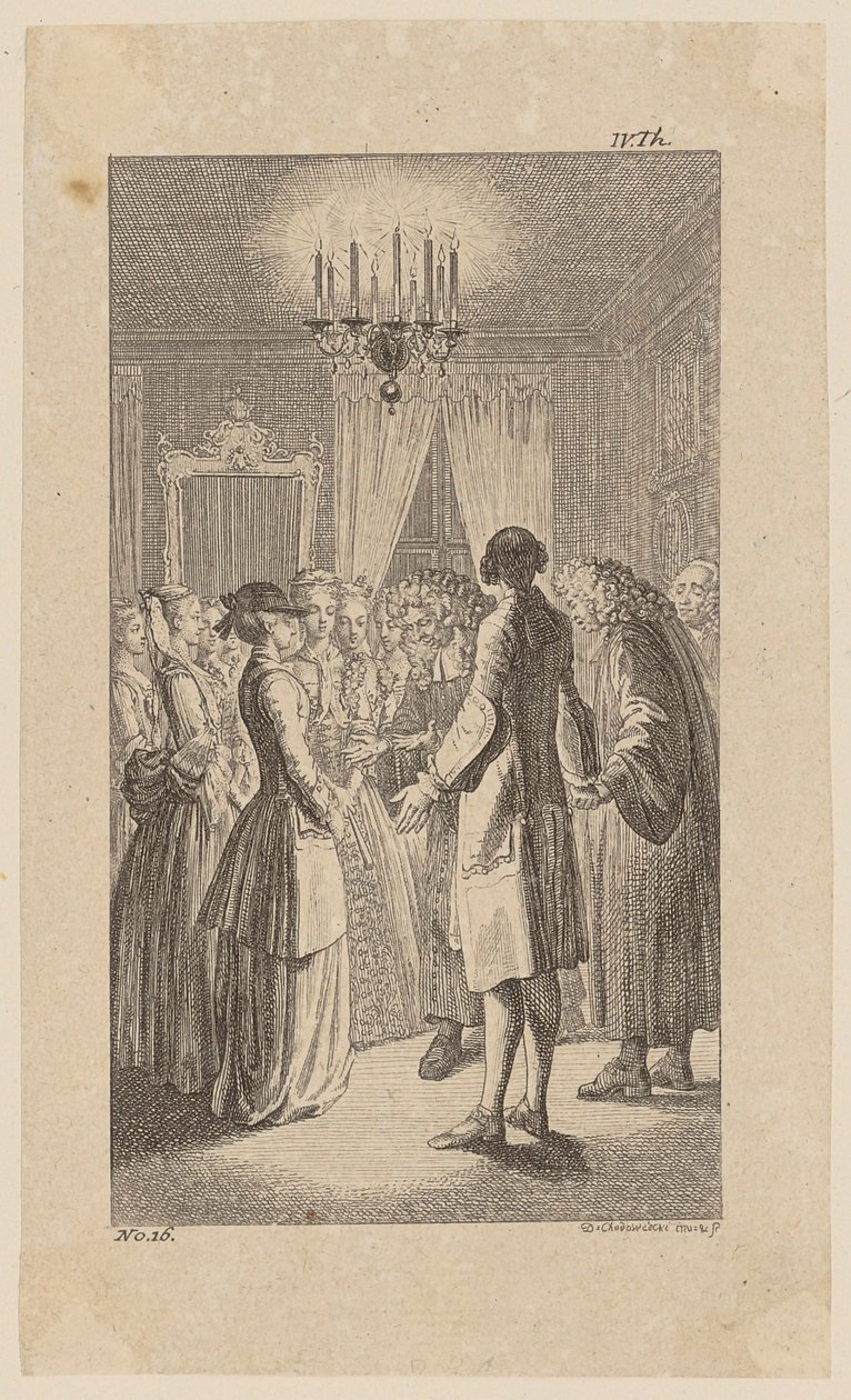 Mlle West, dans la chambre de Comus, accepte le compromis matrimonial, page 16 de « Vie, remarques et opinions de Johann Bunkel » - Daniel Nikolaus Chodowiecki