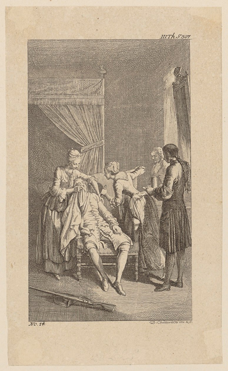 Durour, évanoui chez son ancienne maîtresse, Mlle Dellon, page 14 de « Vie, remarques et opinions de Johann Bunkel » - Daniel Nikolaus Chodowiecki