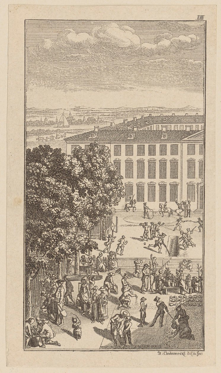 Bâtiment du séminaire, avec exercices de gymnastique et travaux de jardinage devant - Daniel Nikolaus Chodowiecki