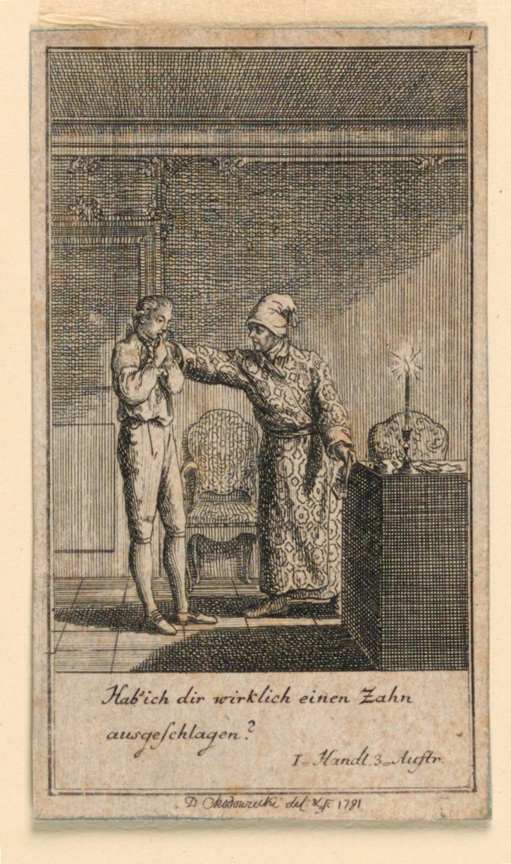 La gifle, illustration de la pièce "Nicht mehr als sachs Schuesseln" par Fredrich Wilhelm Grossman dans "Königl: Grosbrit [anische] Genealogischer Kalender auf das 1782 Jahr Lauenberg bey J.G. Berenberg" - Daniel Nikolaus Chodowiecki