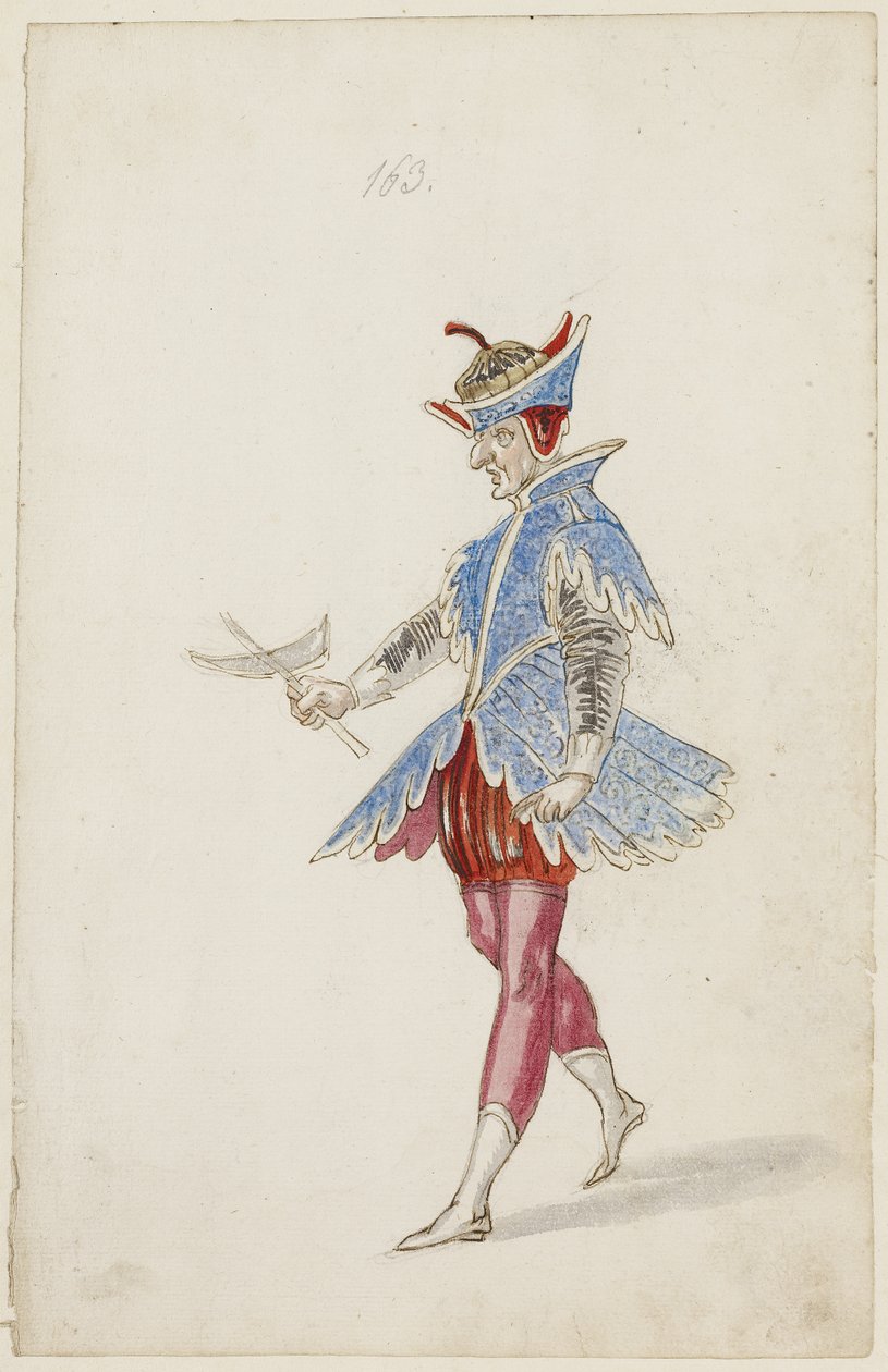Figure masculine en costume bleu et rouge du Ballet des quatre saisons de l