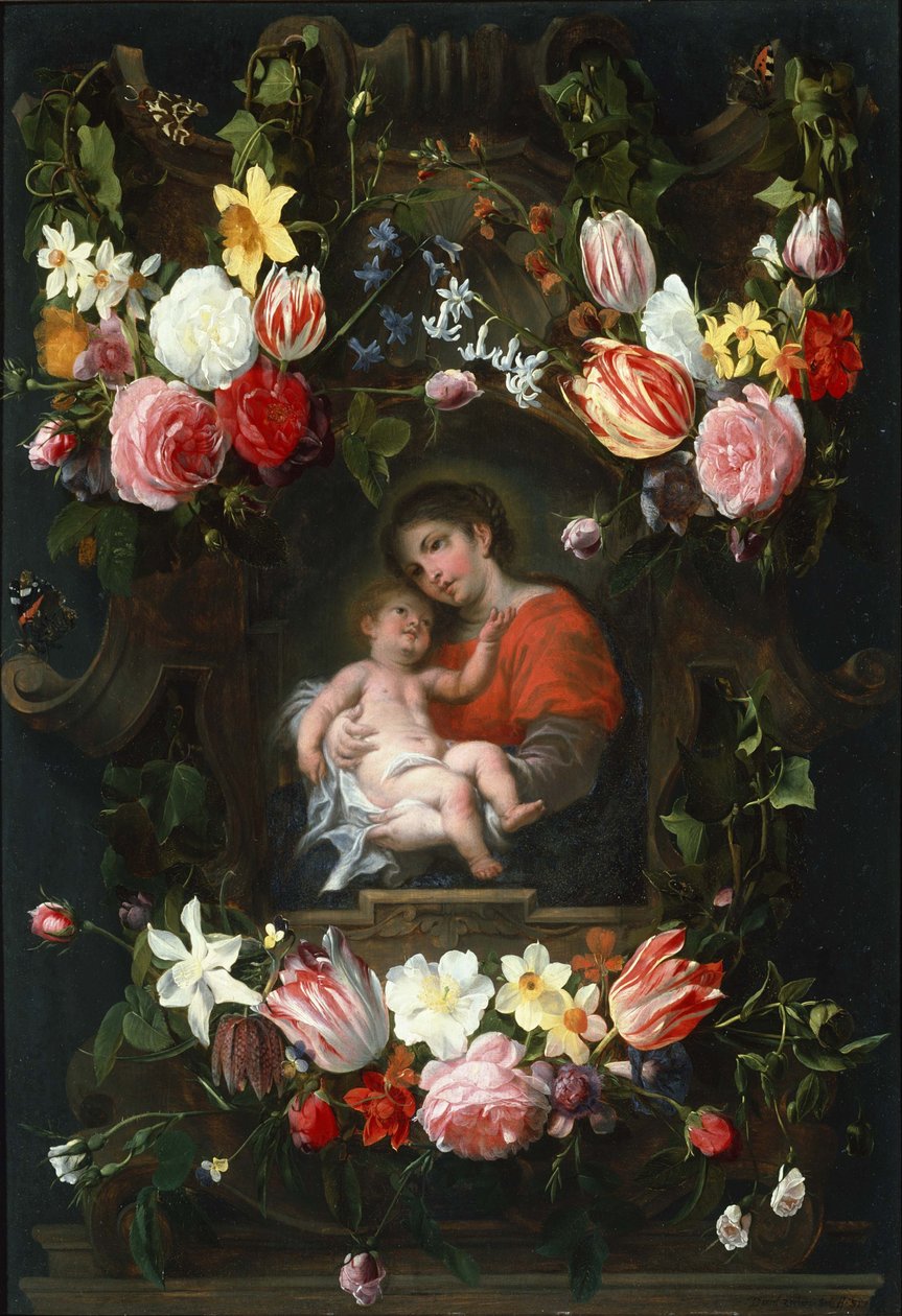 Guirlande de fleurs avec la Vierge et l