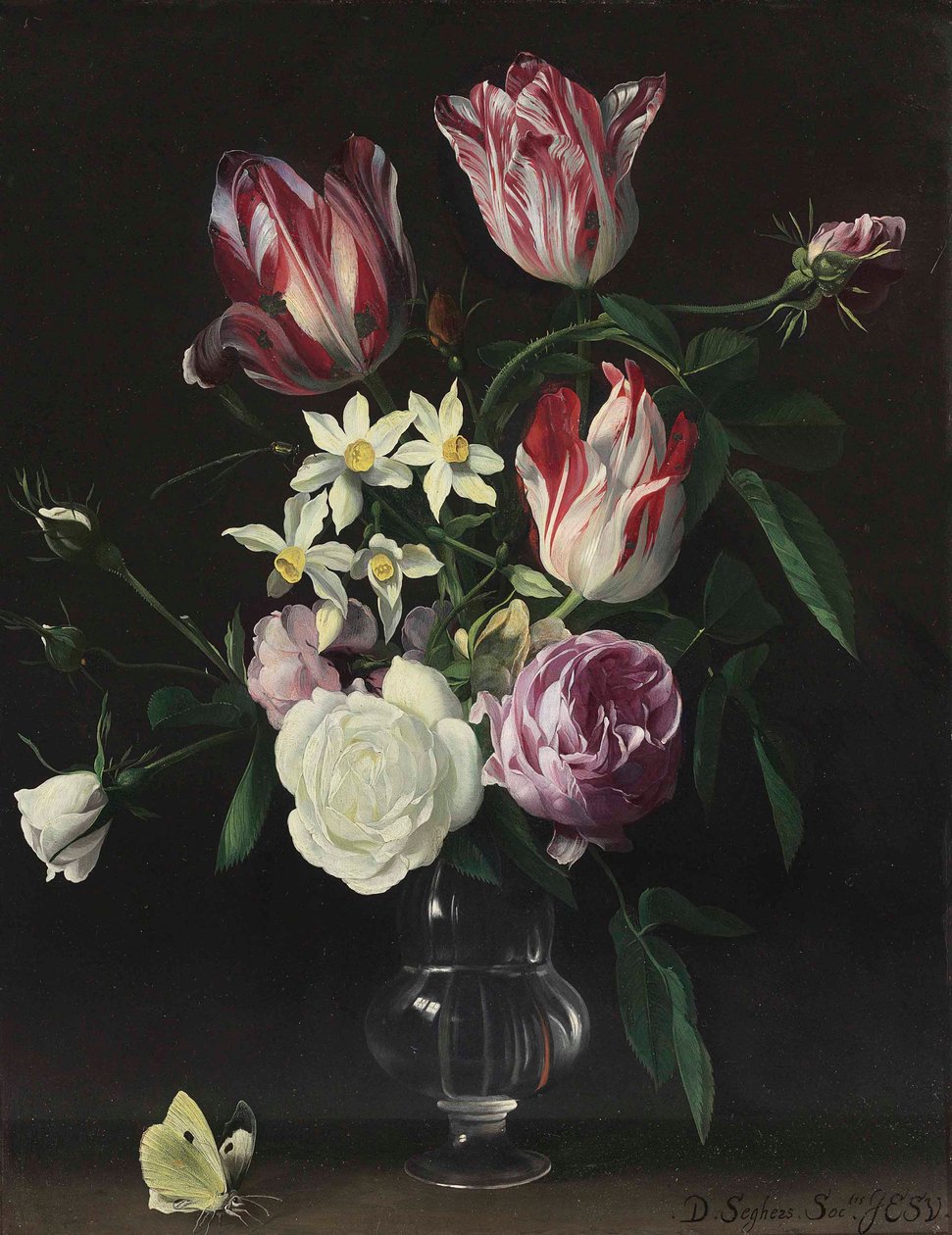 Roses, tulipes et narcisses dans un vase en verre, avec un papillon, sur une corniche - Daniel Seghers