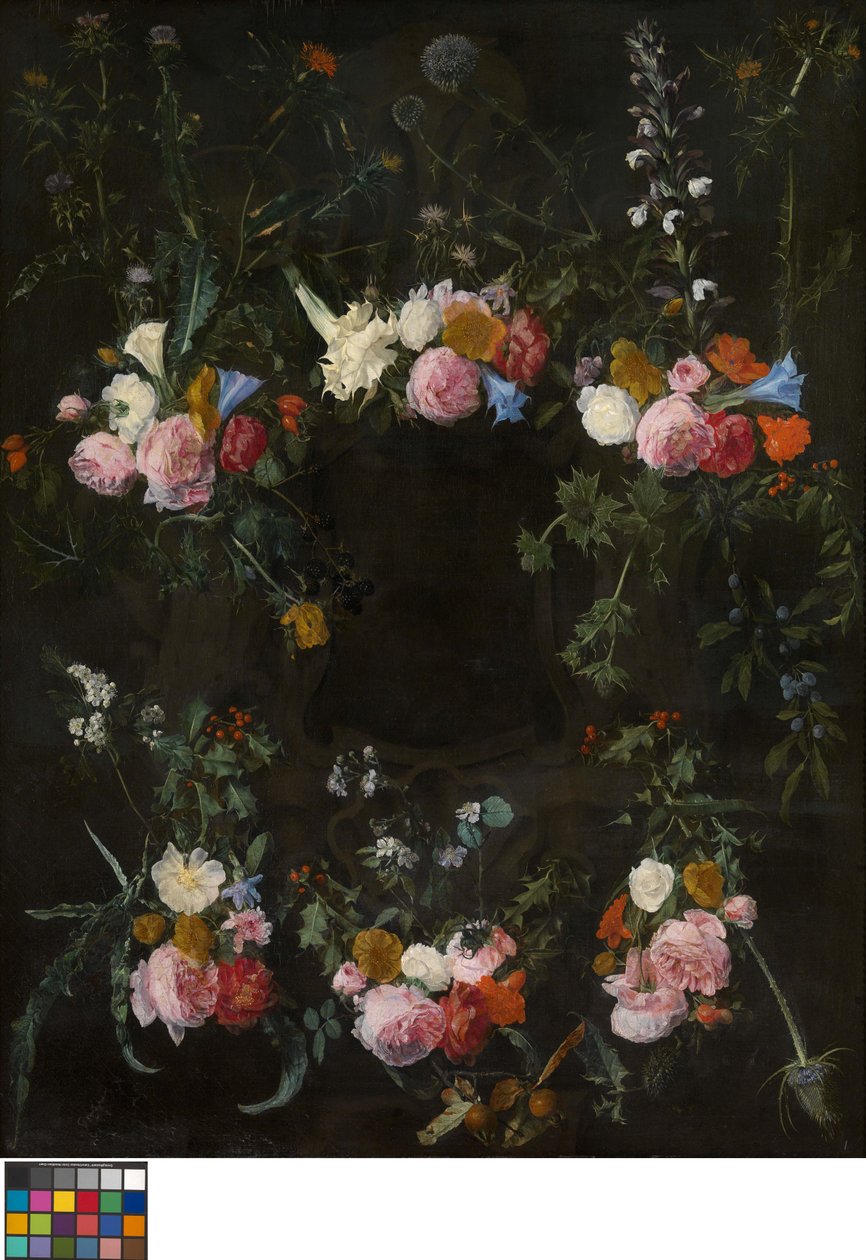 Cartouche sculpté orné de guirlandes de fleurs - Daniel Seghers