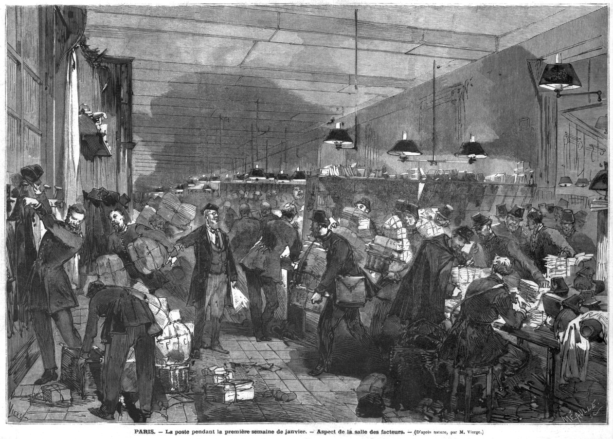 Intérieur du bureau de poste de Paris pendant la première semaine de janvier, la salle des postiers, gravé par Fortune Louis Meaulle - Daniel Urrabieta Vierge