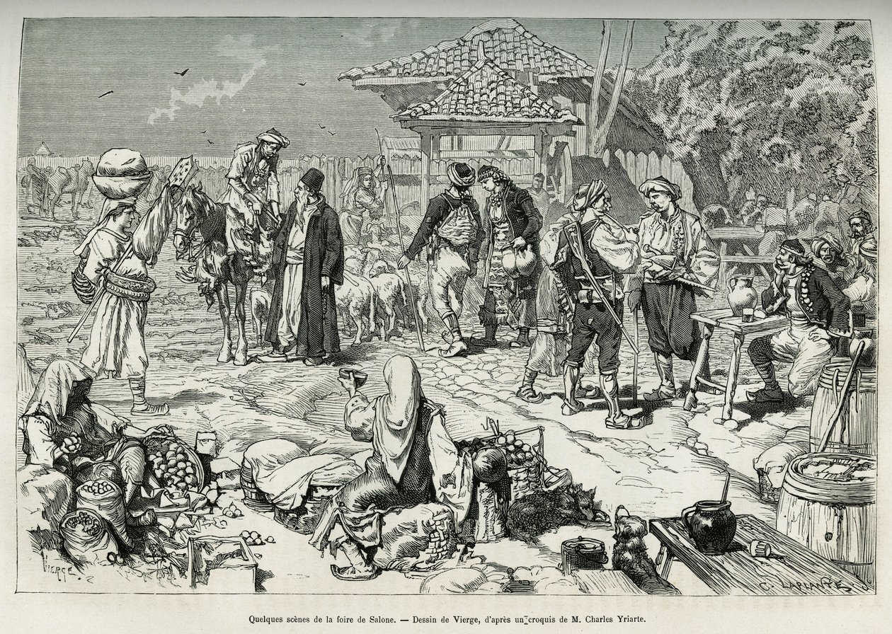 Quelques scènes courantes de la foire de Salone (Croatie), vente de fruits, légumes, volailles et agneaux, ainsi que des tables installées pour se désaltérer. Gravure pour illustrer le voyage en Dalmatie, par Charles Yriarte, en 1874, publiée dans "Le tour - Daniel Urrabieta Vierge