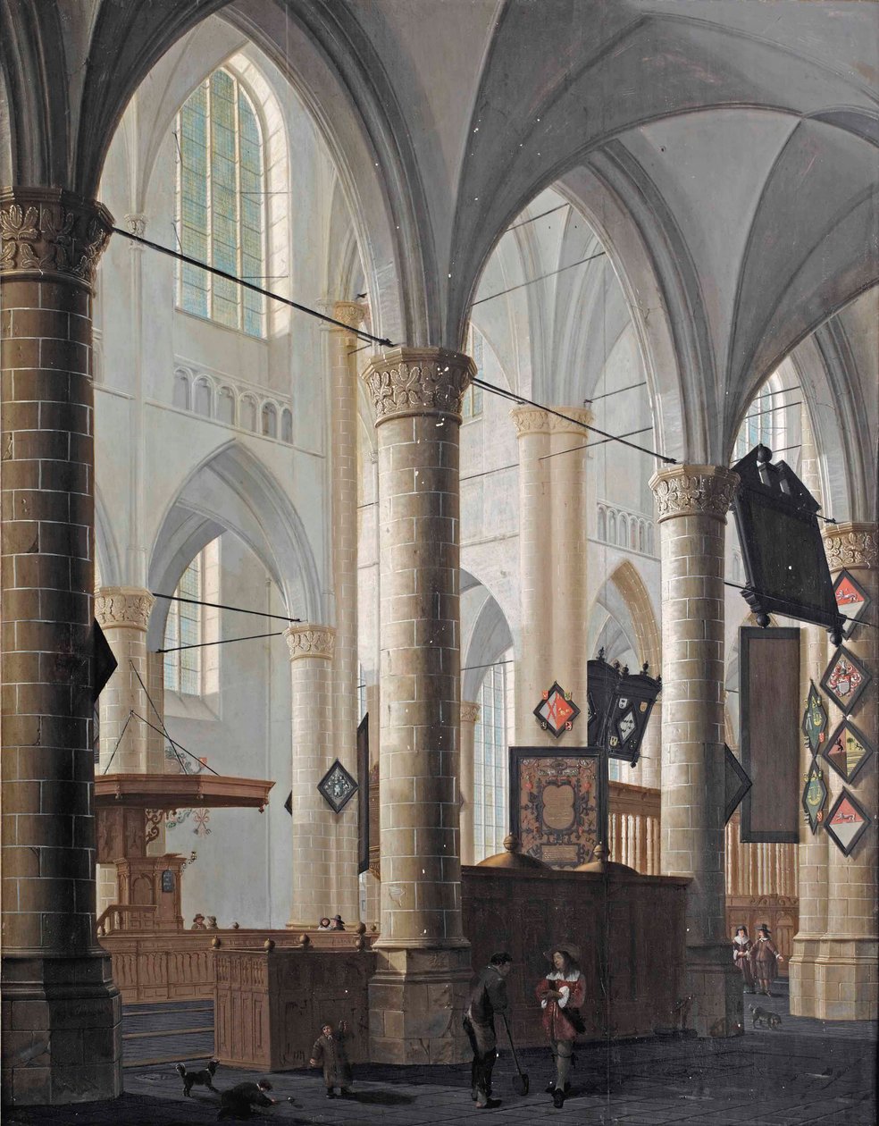Intérieur de la Grote Kerk à Dordrecht, avec des personnages conversant et des enfants jouant - Daniel de Blieck