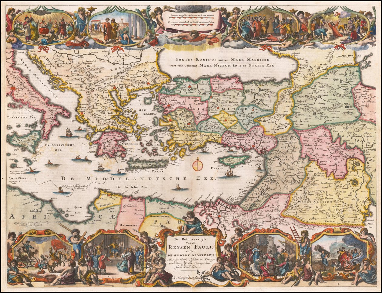 Carte hollandaise de 1695 de la Méditerranée orientale montrant les voyages de Saint Paul - Daniël Stopendaal