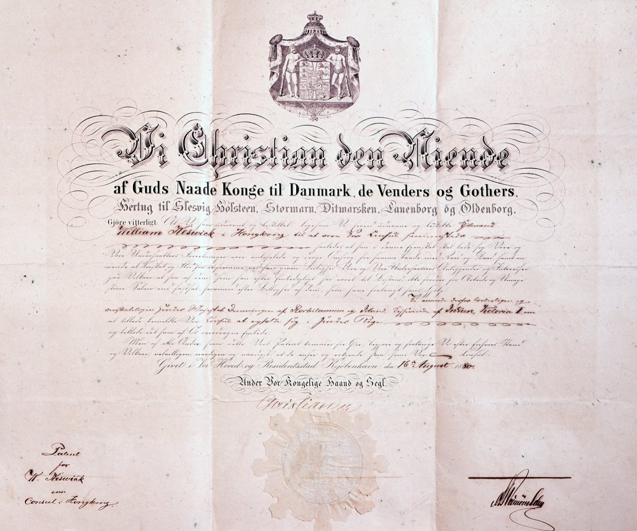 Brevet signé par Christian IX de Danemark nommant William Keswick consul danois à Hong Kong, Chine, 1880 - Danish School
