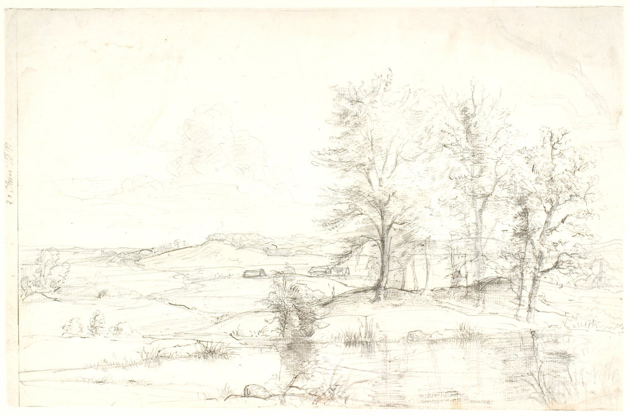 Vue sur un paysage forestier vallonné. Au premier plan, un lac - Dankvart Dreyer