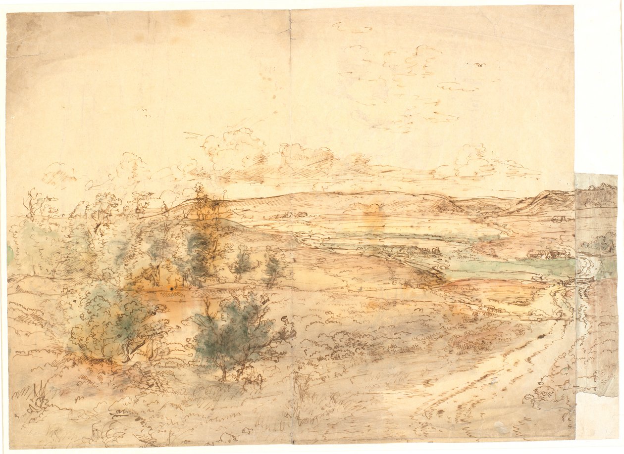 Vue sur un paysage avec de grandes collines autour d