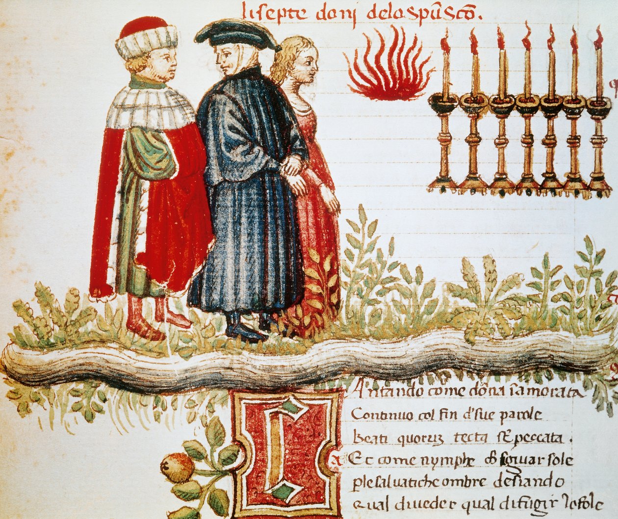Virgile, Dante et Matelda, Purgatoire, Chant XXIX, page illuminée de la Divine Comédie - Dante Alighieri